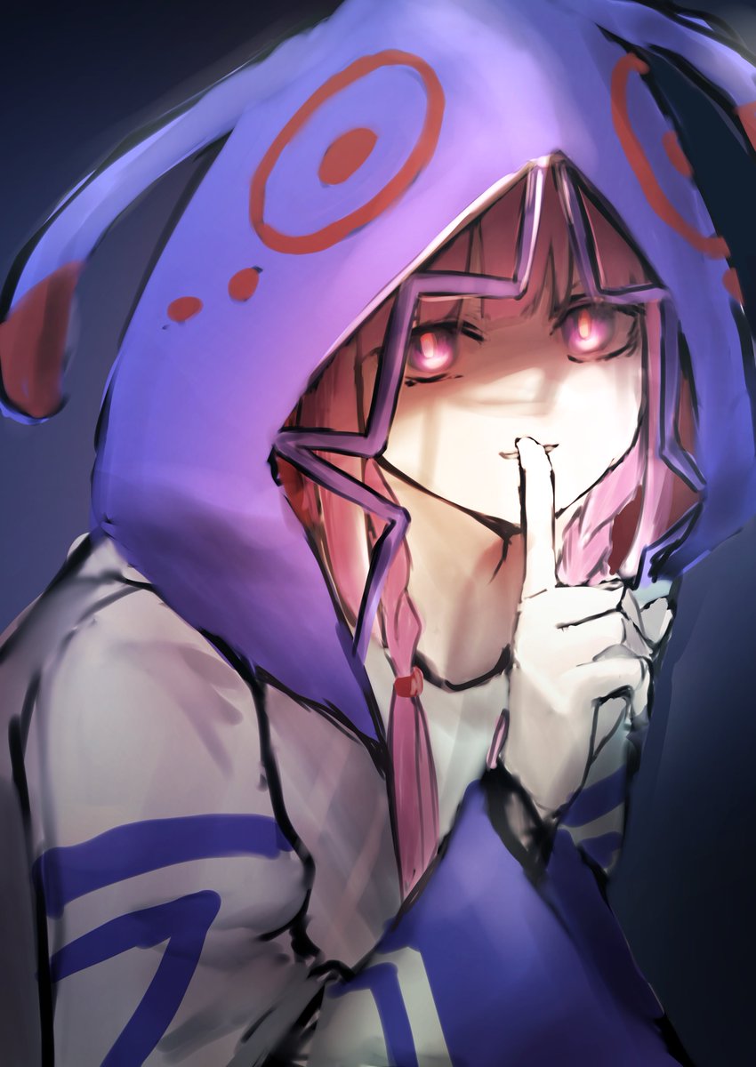 1girl hood solo pink hair braid finger to mouth hood up  illustration images