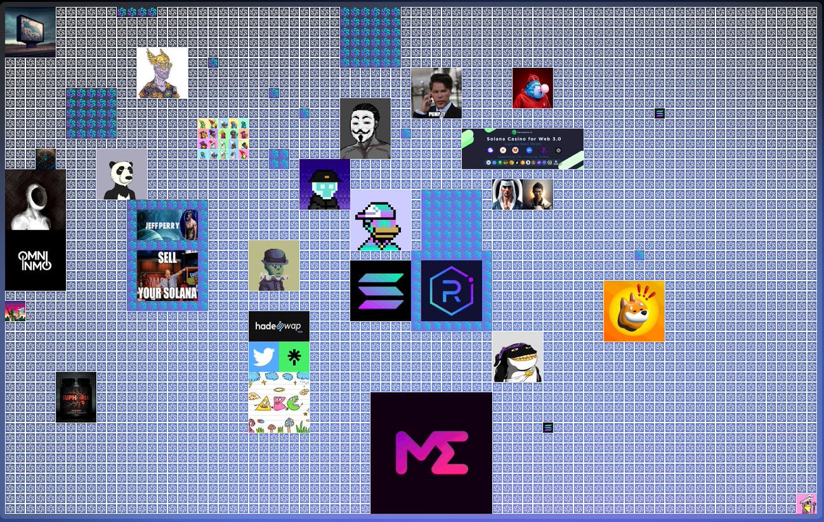Solwalla's tweet image. Solwalla.io is a community curated image wall/mural/billboard #dApp where users self custody their share of the wall as #NFT tiles.
Holders can upload their own images, names, links, &amp;amp; text descriptions to every tile. They can even split them across multiple adjacent