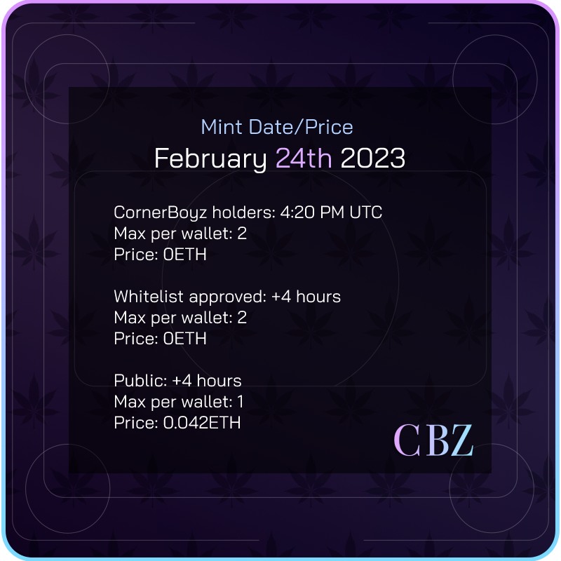 🚨ANNOUNCEMENT🚨

To improve minting experience and save at least $10,000 in Gas Fees we are postponing the MysteryBox N1 Drop to this Friday 02.24 at 4:20PM UTC

Be ready, this is getting big

Apply for Whitelist: 54.wtf/cornerboyz

(react to be considered)

#wakeandbake🌿