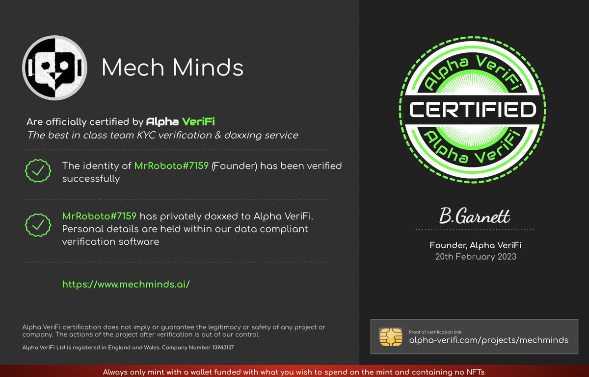 Alpha Labs - Best-in-class KYC and Doxxing (@alphalabs_nft) on Twitter photo Congratulations Mech Minds !
<a href="/MechMindsAI/">Mech Minds</a>
Now officially certified by Alpha VeriFi, the best in class KYC verification and doxxing service from Alpha Labs.
alpha-verifi.com/projects/mech-…
#DoxxedTeam #NFTProject Congratulations Mech Minds !
<a href="/MechMindsAI/">Mech Minds</a>
Now officially certified by Alpha VeriFi, the best in class KYC verification and doxxing service from Alpha Labs.
alpha-verifi.com/projects/mech-…
#DoxxedTeam #NFTProject