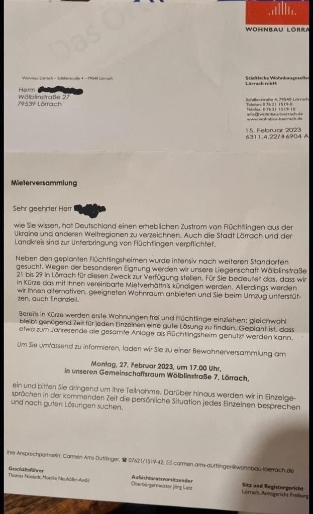 fettbaer_man's tweet photo. Lörrach!
Mieter werden für Flüchtlinge gekündigt 🙈
#Loerrach #Fluechtlinge #umziehen #flüchtlingspolitik #Ukraine https://t.co/wfJuDwoXXu