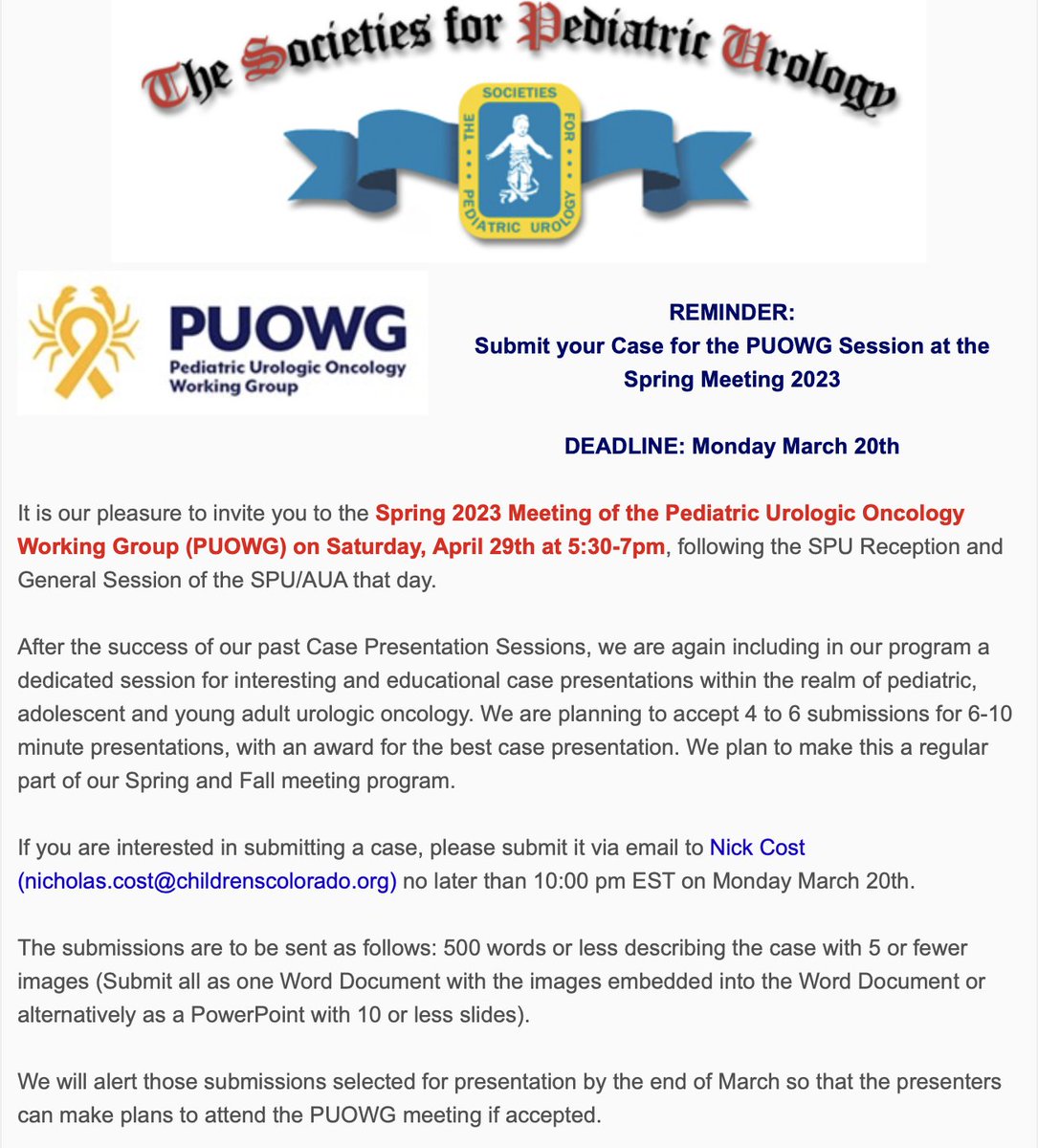 Pediatric Urologic Oncology Working Group (@pedsuroonc) on Twitter photo 🗣️📢Hope you are ready for another round! It's that (semi-annual) time of year again for interesting pediatric urologic oncology case submissions for the SPU/PUOWG meeting in Chicago, Il. See below for details:
<a href="/SPU_Urology/">SPU_Urology</a> <a href="/AmerUrological/">Amer. Urol. Assn.</a> <a href="/urogoldjournal/">Urology Gold Journal</a> 🗣️📢Hope you are ready for another round! It's that (semi-annual) time of year again for interesting pediatric urologic oncology case submissions for the SPU/PUOWG meeting in Chicago, Il. See below for details:
<a href="/SPU_Urology/">SPU_Urology</a> <a href="/AmerUrological/">Amer. Urol. Assn.</a> <a href="/urogoldjournal/">Urology Gold Journal</a>