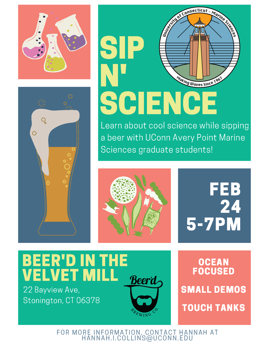Join us for a Sip n' Science outreach event this Friday, 2/24 from 5-7 pm at @BeerdBrewing in the Velvet Mill. Come enjoy a beverage and some science communication with our grad students who have prepared marine sciences demos. This event is free to attend and open to the public.