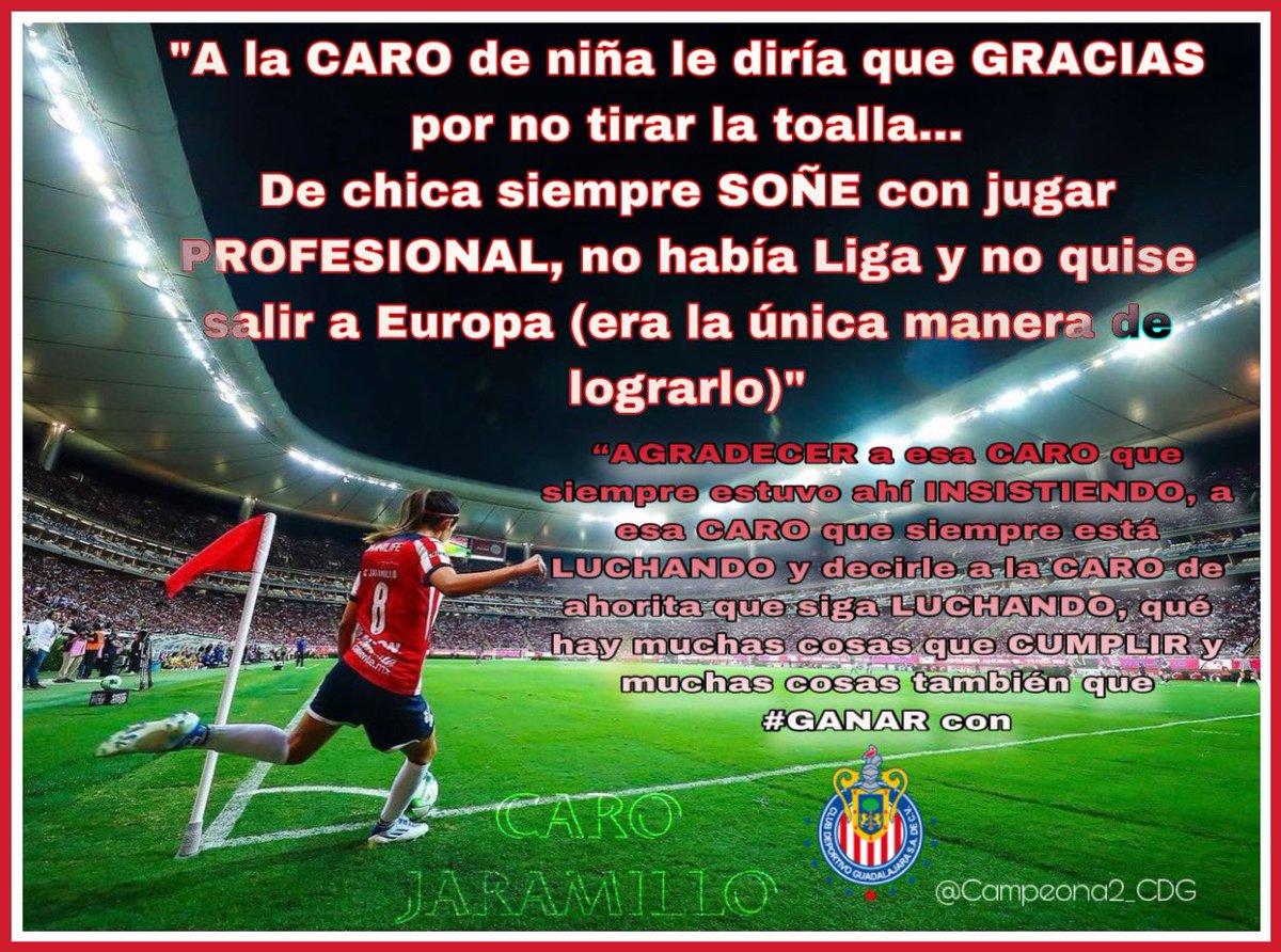 Campeona2_CDG's tweet image. “#AGRADECER a esa #CARO que siempre estuvo ahí INSISTIENDO, a esa CARO que siempre está #LUCHANDO y decirle a la CARO de ahorita que siga LUCHANDO, qué hay muchas cosas que #CUMPLIR y muchas cosas también que #GANAR con @CHIVAS”

- @carojaramillo94