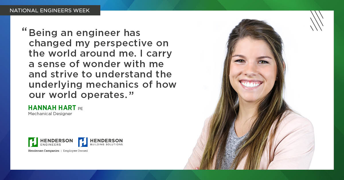 hendersonengs's tweet photo. This #NationalEngineersWeek, we're #HendersonProud of all the engineers that make our firm strong. Hannah works on our engineer led design build (#ELDB) team working closely @hendersonbuilds. Her sense of wonder makes her the engineer she is today helping us #BuildABetterWorld. https://t.co/1RGgrptLe3