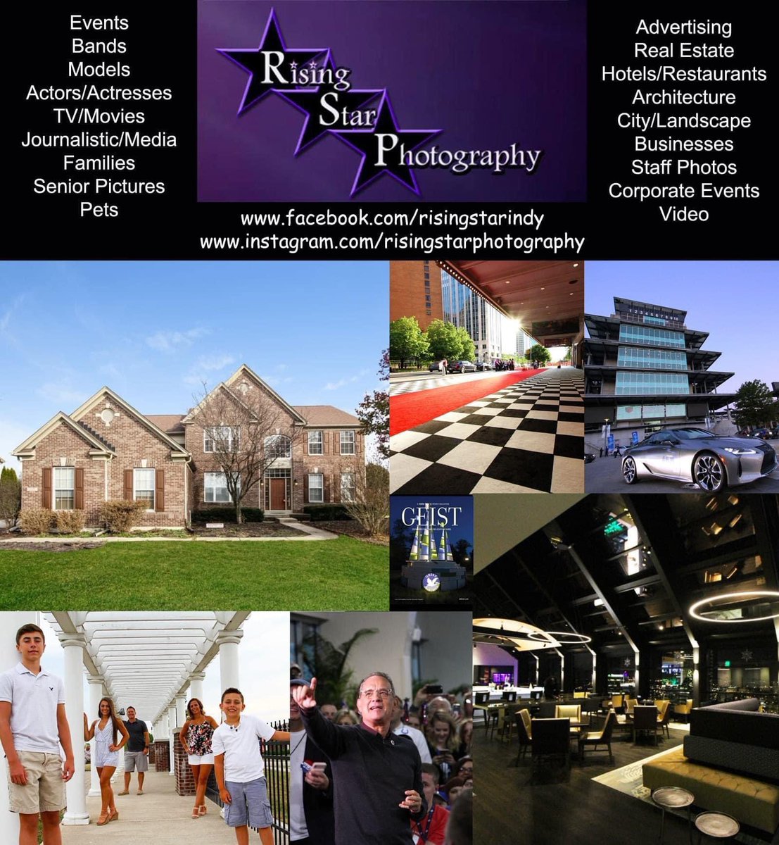 Rising Star offers photography and video for company holiday parties, events, families, individuals, pets, real estate, bands, models, businesses, websites, advertising, and more. 

Contact us for information. View our work at facebook.com/risingstarindy <a href="/HollywoodTwinz/">Daren & David Short</a> <a href="/RokHollywood/">Rok Hollywood</a>