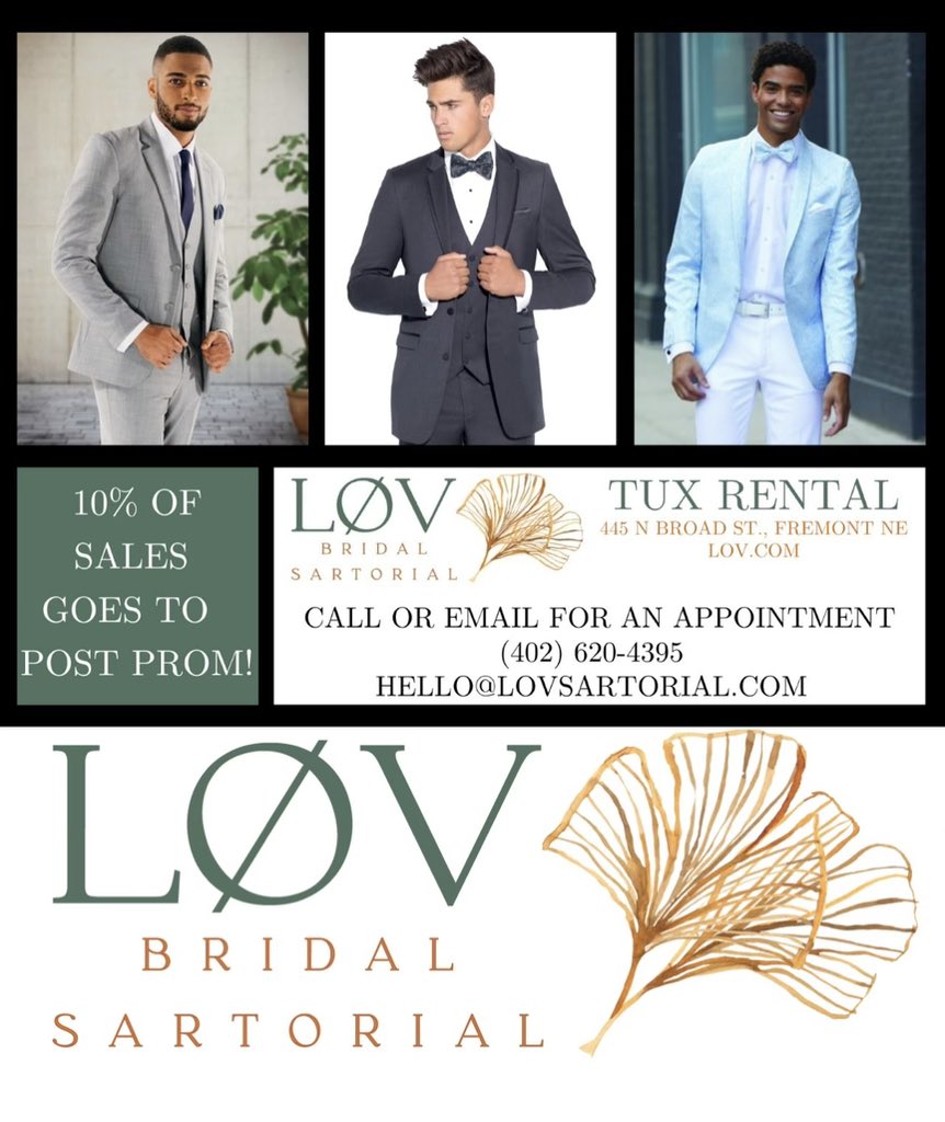 FHSBHSPostProm's tweet photo. Stop into lov bridal sartorial for all your tux rental needs! don’t forget to show them this to donate 10% to the FHS and BHS post prom https://t.co/ywKPv3cesJ
