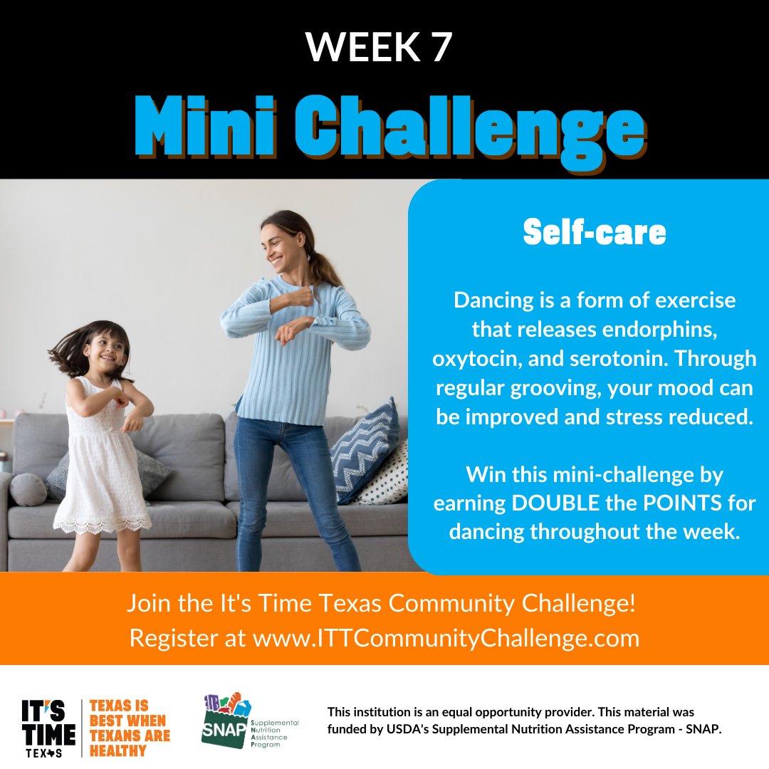 HealthierTX's tweet photo. This week, dance it out! Dancing isn't only good as an exercise but as a stress reliever too!
Win this mini-challenge by earning DOUBLE the POINTS for dancing throughout the week.
#CommunityChallengeAccepted #Itstimetexas #communitychallenge #exerciseandnutrition https://t.co/dnfLur0hxy
