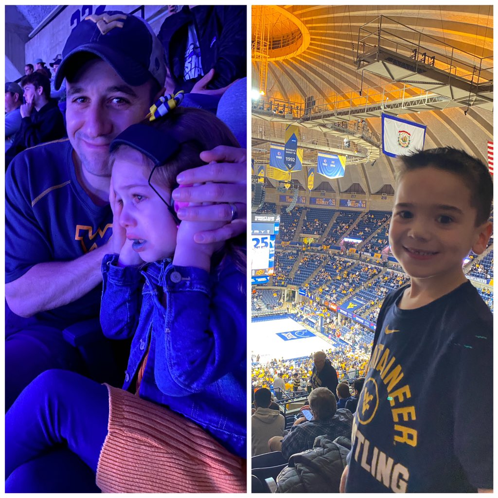 WVUCate's tweet photo. These two are having very different experiences at this #wvugame 
Bonnie is terrified of the musket (but adores Mary!) 
Joe loves absolutely every single part! https://t.co/N9eUEEmEZR