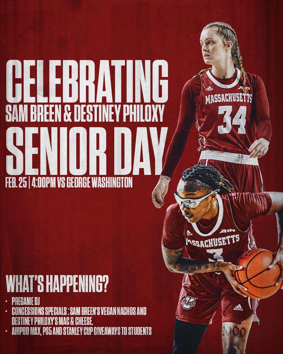 UMassWBB's tweet photo. We’re celebrating our seniors in style 😎

✅Pregame DJ
✅Concessions Specials
✅We’re giving away a PS5, AirPod Max, and FOUR Stanley Cups to lucky students who attend!

This Saturday. 4PM. One last go at home for @32_samb and @DestineyPhiloxy.

Students — Be there.

#Flagship🚩 https://t.co/OFeU9otlRf