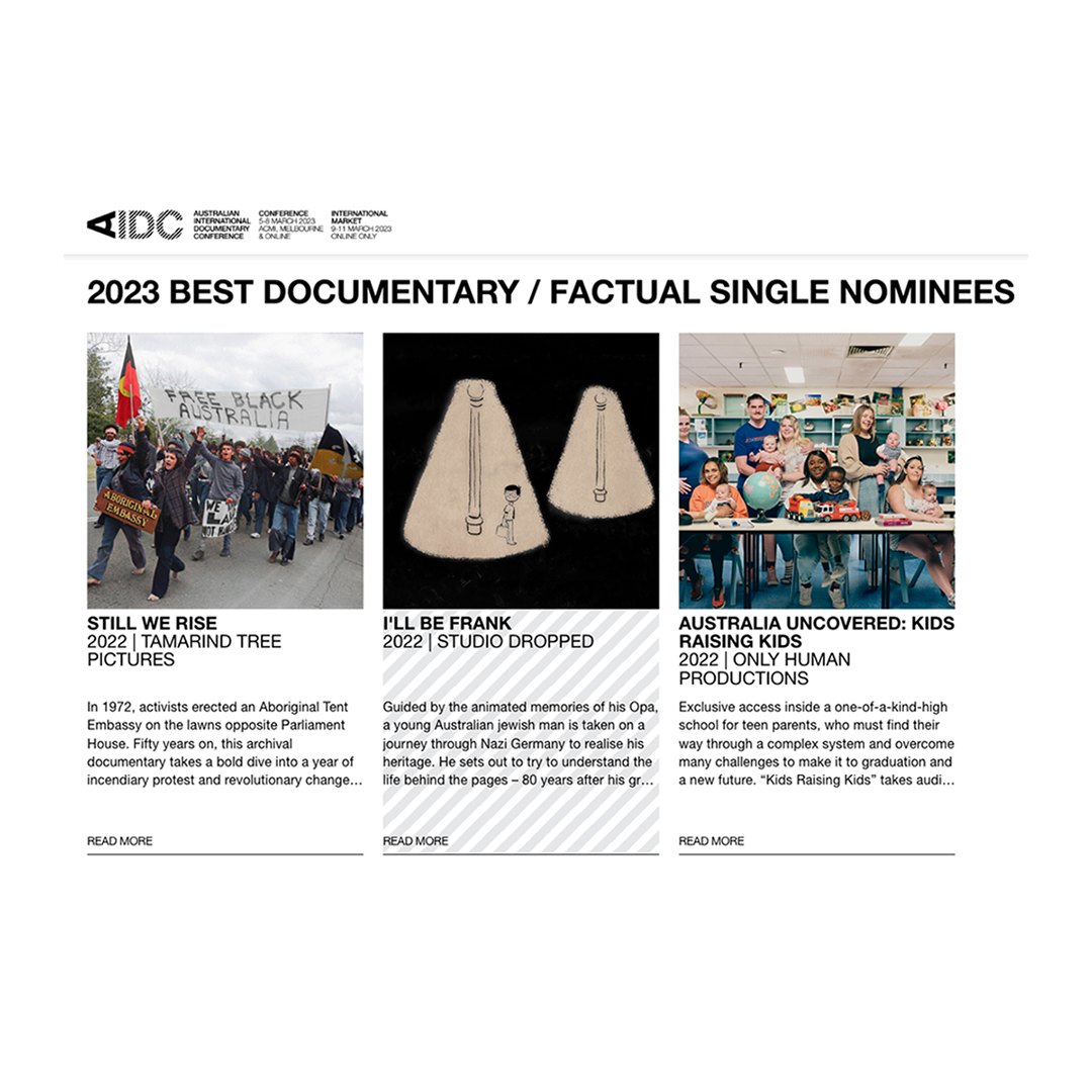 TamarindTPics's tweet photo. Absolutely thrilled Still We Rise has been nominated for Best Documentary/Factual Single in the Australian International Documentary Awards alongside I'll Be Frank (Studio Dropped) and Australia Uncovered: Kids Raising Kids (Only Human Productions).
https://t.co/1ZcuoffdsY https://t.co/lNJiBpucrw