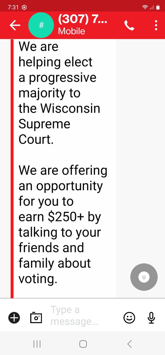 JASchultz55's tweet photo. #foxnews @FoxNews I received this text from a liberal Wisconsin group named Wisconsin Takes Action. Seems like they want to pay people to convince their family members and friends to vote for a progressive Wisconsin supreme ct candidate. Is this even legal? Seems sleazy. https://t.co/rMEVntUdha