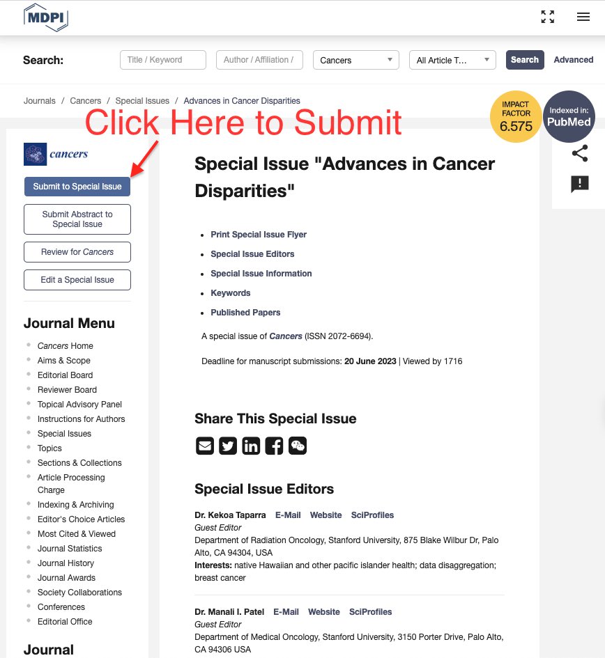 Grateful to all those who reached out with interest in our “Advances in Cancer Disparities” @Cancers_MDPI special issue. I still have a few $2000 vouchers I can provide to support research in #CancerDisparities. Please reach out if interested!

🔗mdpi.com/journal/cancer…