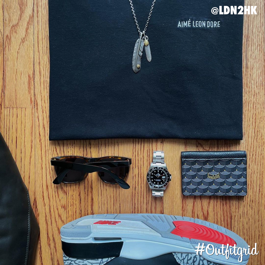 Today's top #outfitgrid is by @ldn2hk.
▫️ #BricksAndWood #Cap 
▫️ #AimeLeonDore x #SchottNYC #LeatherJacket 
▫️ #AimeLeonDore #Tee
▫️ #Rolex #Watch 
▫️ #YSL #Denim
▫️ #JordanIII #BlackCement
▫️ #FaureLePage #Wallet