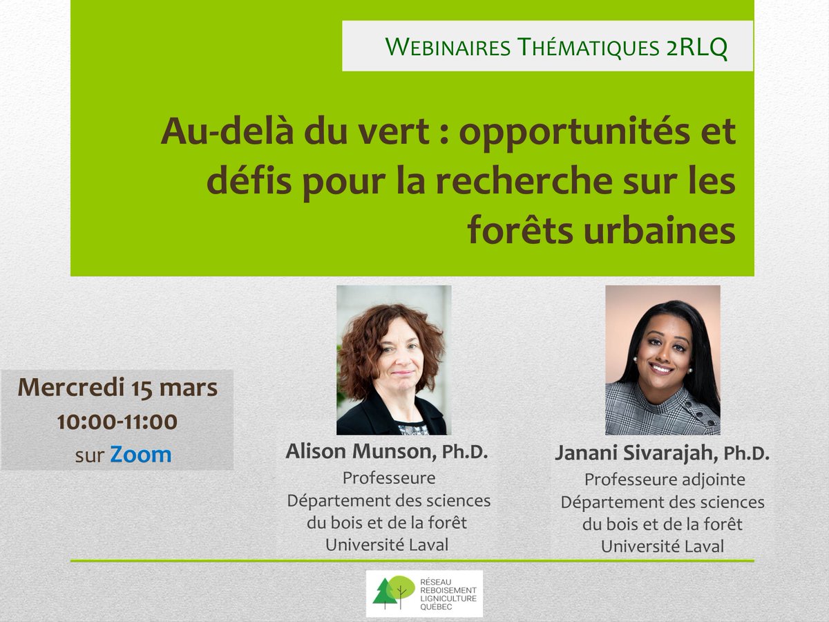 RebLigniQc's tweet photo. Au mois de mars 2023, le webinaire mensuel @RebLigniQc sera consacré au thème de la #forêt #urbaine avec 2 professeures, titulaires de la Chaire de recherche sur l'#arbre #urbain et son milieu #CRAUM 
RDV: #15_mars @10h sur Zoom
Inscription et résumé ici:
https://t.co/dIauKm1MWY https://t.co/BTp4RKc0Lz