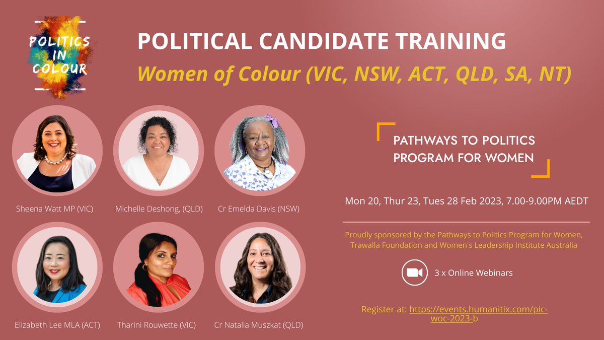 Pathways_UoM's tweet photo. There's still time to sign up for #PoliticsInColour candidate training for women of colour on 23 & 28 Feb with special guests @sheenawattmp @DeshongMichelle @ElizabethLeeMLA @OnyxMedia1 @ozgirlpod & more!
https://t.co/qRAG8qT9sh https://t.co/jl6wAzlpdd