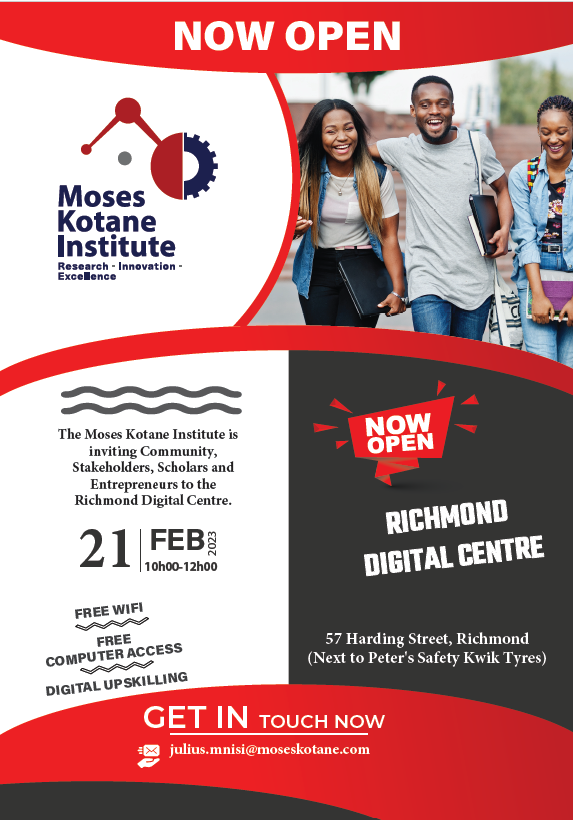 moseskotaneinst's tweet photo. MKI Digital Centre Roadshow !!!
The Moses Kotane Institute invites all interested individuals to attend the Richmond Digital Centre Roadshow Campaign to be held at 57 Harding Street, Richmond.
#MKI
#digitalcenter
#Roadshows https://t.co/umzrq00EdD