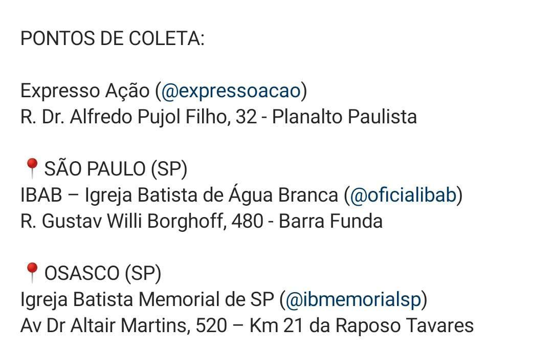 BrenaltaMc's tweet photo. PONTOS DE COLETA DAS DOAÇÕES EM SP CAPITAL DESTINADAS PARA AS VÍTIMAS DA TRAGÉDIA NO LITORAL!
#SOSLITORAL
#AJUDE
#DOE https://t.co/l1oKgIVuKp