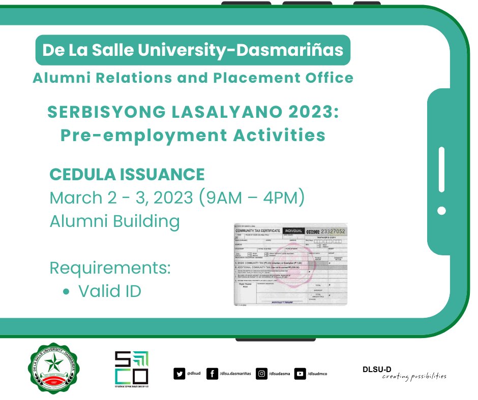 ARPOofficial's tweet photo. SERBISYONG LASALYANO 2023:  
Pre-employment Activities

CEDULA ISSUANCE
March 2 - 3, 2023 (9AM – 4PM)
Alumni Building

Requirement/s:
1.Valid ID

For inquiries, contact:
Alumni Relations and Placement Office (ARPO)
+63 46 4811-1900 local 3161
Email: arpo@dlsud.edu.ph https://t.co/qTjUsZB7eU