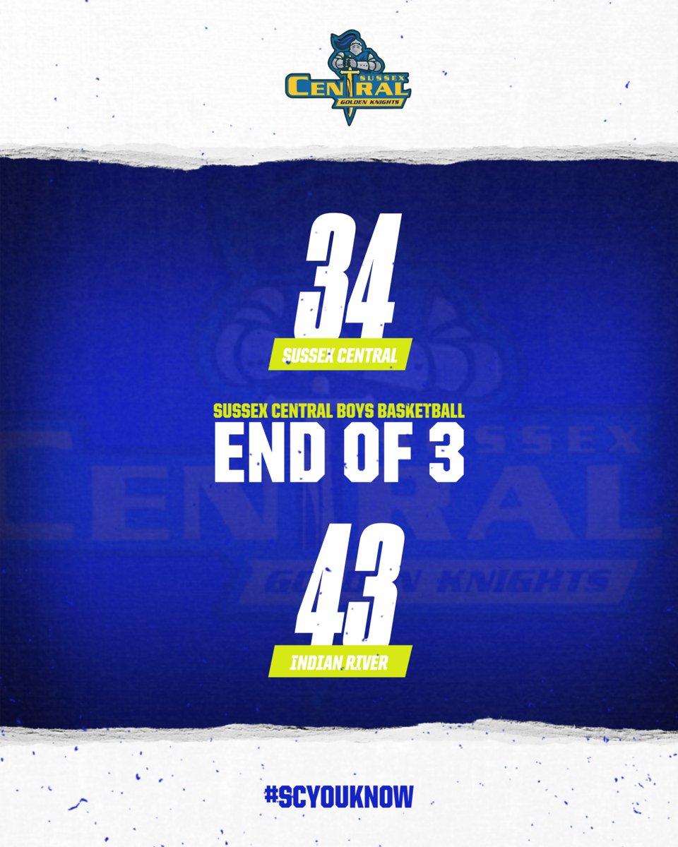 END OF 3: BOYS BASKETBALL: INDIAN RIVER 43 SUSSEX CENTRAL 34. The Indians add to their lead and take a 9 point lead into the final quarter.