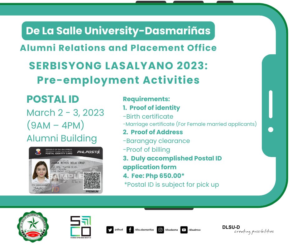 ARPOofficial's tweet photo. SERBISYONG LASALYANO 2023:
Pre-employment Activities

PHILPOST POSTAL ID
March 2-3, 2023 (9AM – 4PM)
Alumni Building

For inquiries, contact:
Alumni Relations and Placement Office (ARPO)
+63 46 4811-1900 local 3161
Email: arpo@dlsud.edu.ph https://t.co/Ym2okTJsvs