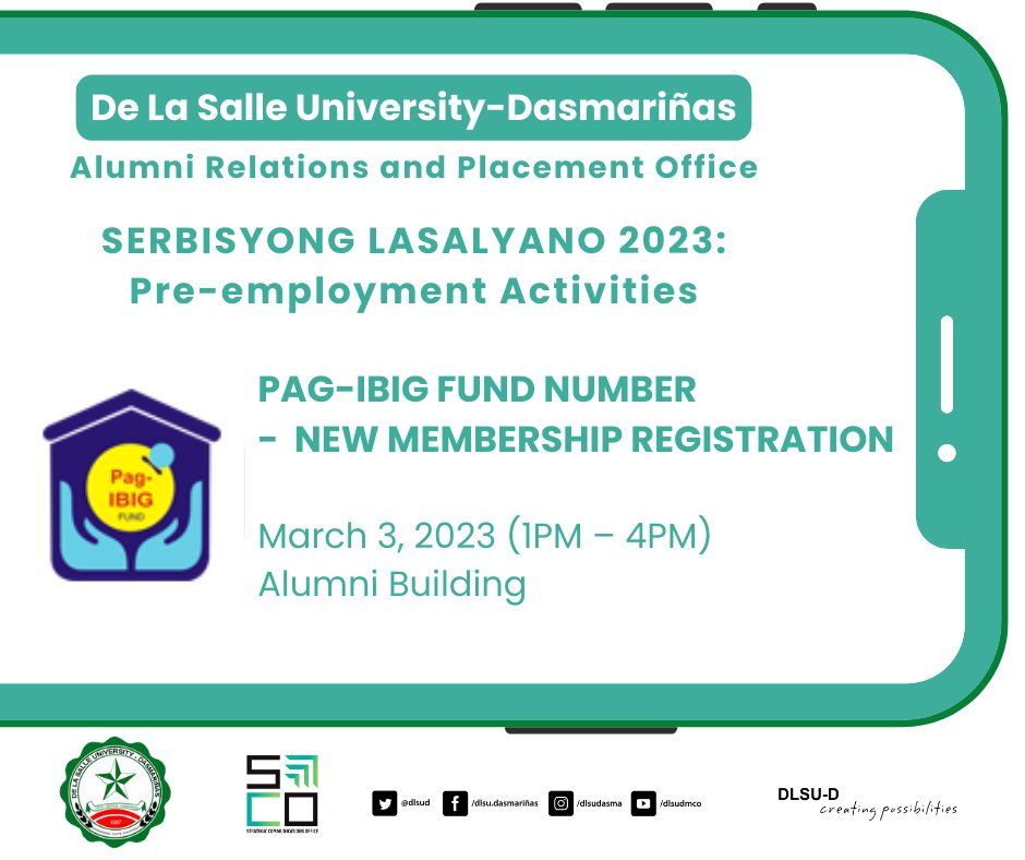 ARPOofficial's tweet photo. SERBISYONG LASALYANO 2023:
Pre-employment Activities

PAG-IBIG FUND NUMBER - NEW MEMBERSHIP REGISTRATION
March 3, 2023 (1PM – 4PM)
Alumni Building

For inquiries, contact:
Alumni Relations and Placement Office (ARPO)
+63 46 4811-1900 local 3161
Email: arpo@dlsud.edu.ph https://t.co/EsUohbgx3U