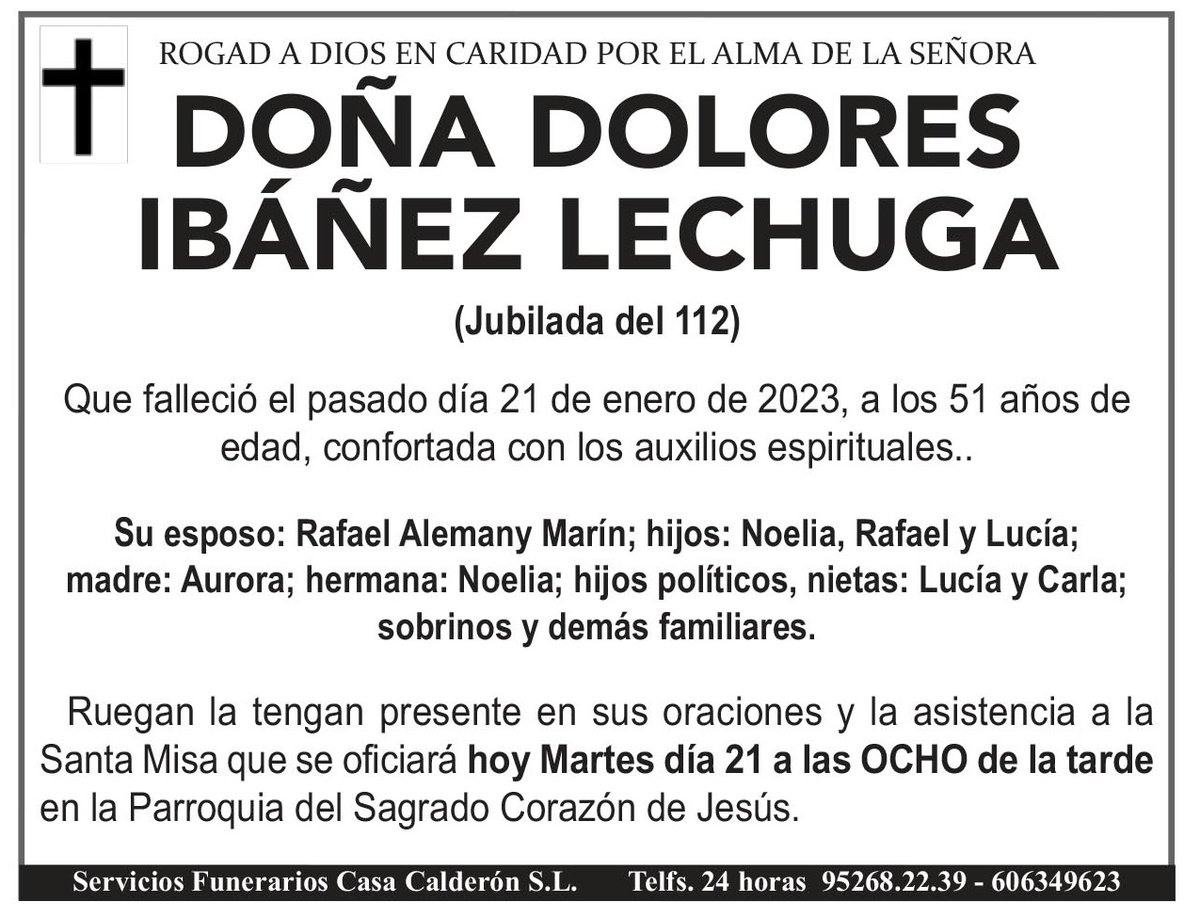 MELILLA_HOY's tweet photo. ✝️ Doña Dolores Ibáñez Lechuga
(Jubilada del 112)

DEP

#Melilla https://t.co/PQb2ZsABD5
