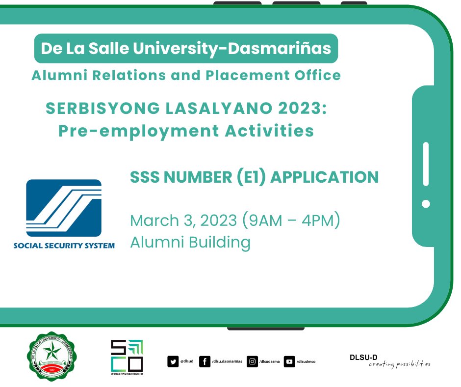 ARPOofficial's tweet photo. SERBISYONG LASALYANO 2023:
Pre-employment Activities

SSS NUMBER (E1) APPLICATION
March 3, 2023 (9AM – 4PM)
Alumni Building

For inquiries, contact:
Alumni Relations and Placement Office (ARPO)
+63 46 4811-1900 local 3161
Email: arpo@dlsud.edu.ph https://t.co/HtdUWyxmVe