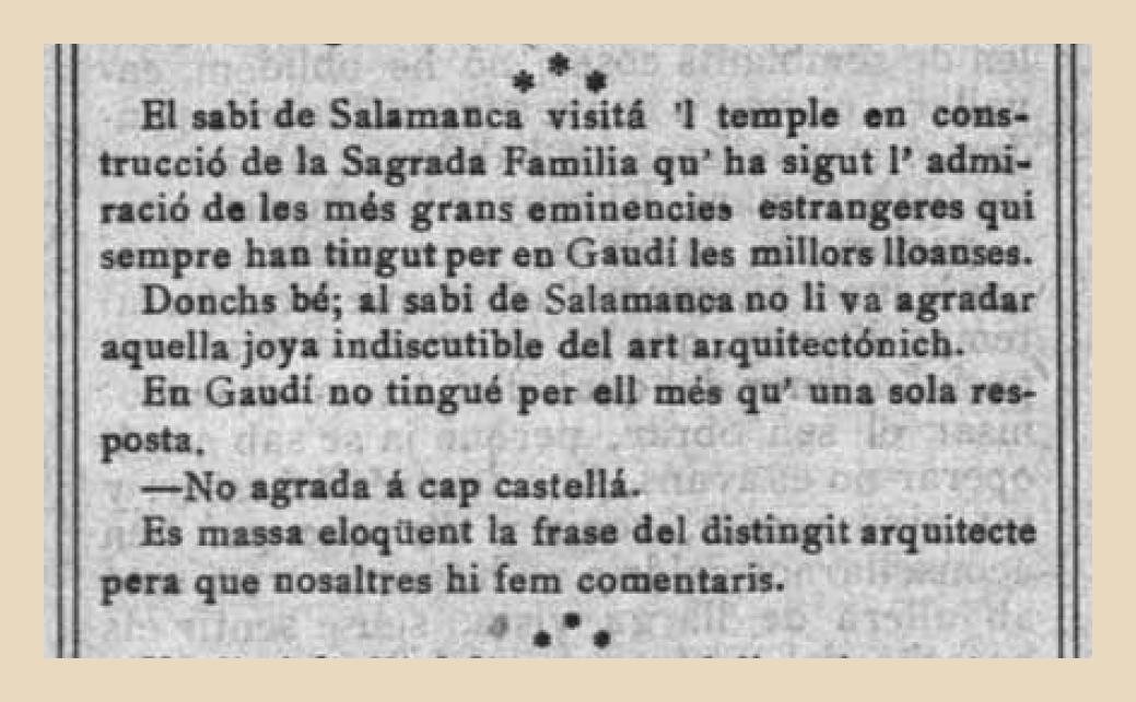 efemarq's tweet photo. Aquell dia de 1906 en què Miguel de Unamuno visità la Sagrada Família i no li agradà, i Gaudí es limità a contestar: "—No agrada a cap castellà". Amb dos collons, Antoni.

Setmanari "La Tralla", 24 d'octubre de 1906 (Unamuno era basc però des de 1891 era instal·lat a Salamanca) https://t.co/O3PNRLWIg3