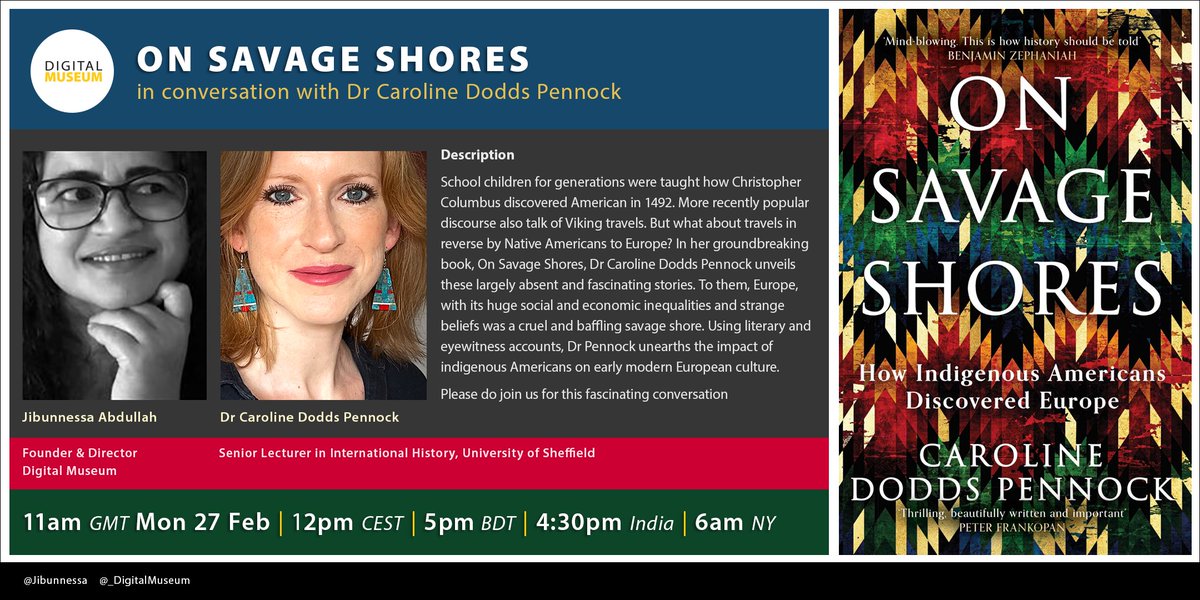 On Savage Shores: How Indigenous Americans Discovered Europe

📅 11am GMT Mon 27 Feb
🖥️ eventbrite.com/e/557269527157

Join me with @carolinepennock to discuss her fascinating book on the Indigenous Americans who travelled to Europe and their impact on early modern #history

#books