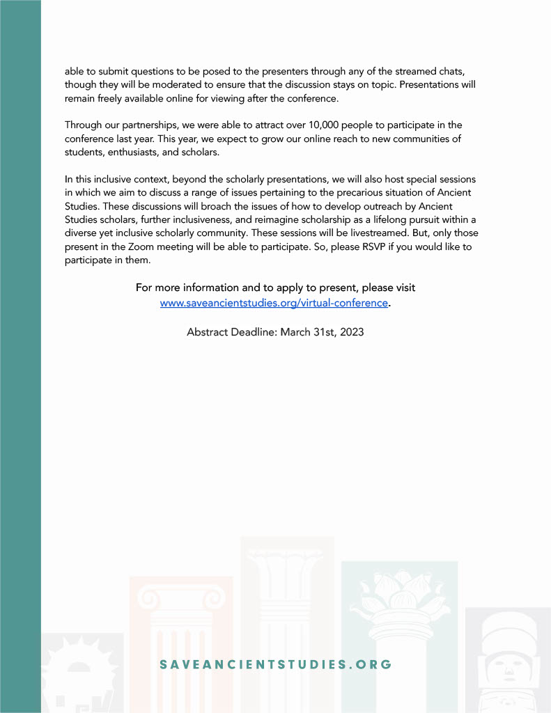 NewClassicists's tweet photo. Just another reminder that @AncientSave
 is hosting another virtual conference this year. See the pictures for more information. Abstract deadline is on 31st March. https://t.co/VAbhvpplDc