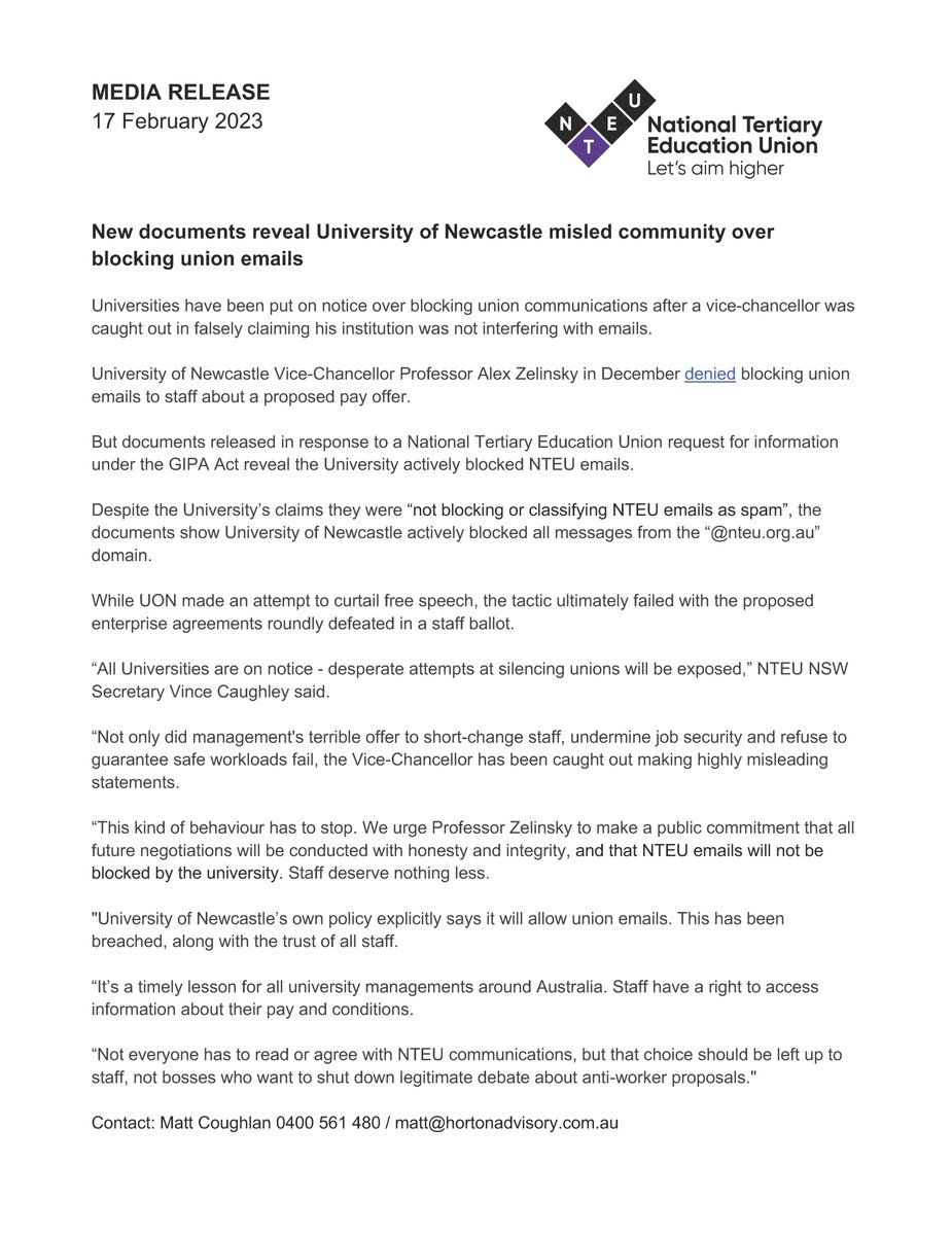 #BREAKING: FOI documents sought by NTEU NSW reveal <a href="/Uni_Newcastle/">University of Newcastle</a>  actively blocked union emails during last Dec non-union ballot, despite the VC publicly denying this at the time.

Media release: bit.ly/3XGNeqV

#highereducation #auspol #WeAreUON