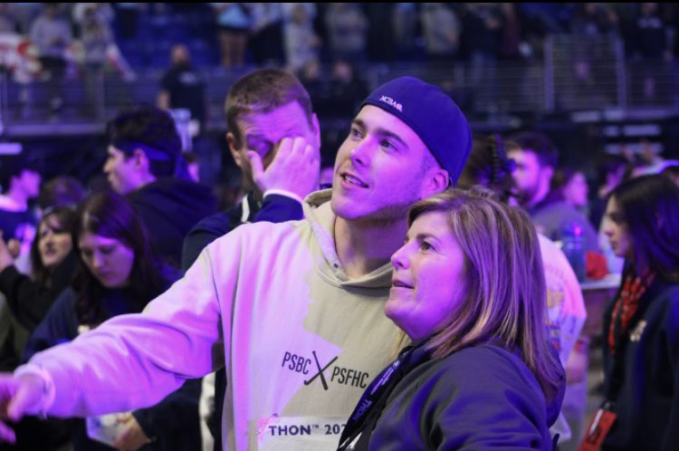 ThePSBC's tweet image. What a historic weekend for our club and all of Penn State.

D1 pitchers Matt Fricker and Tyler Reinert stood for 46 hours to raise money for childhood cancer, shattering our record as we combined with field hockey to raise over $40,000!

As a school, we raised over $15,000,000🎗️