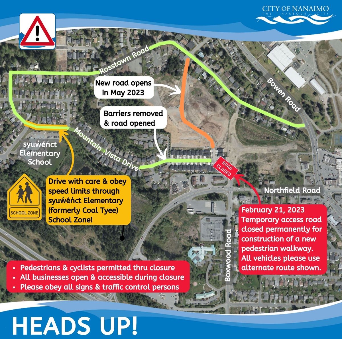 Heads up! The temporary access road that connects Mountain Vista Drive to Northfield and Boxwood Roads will be permanently closed to vehicle traffic as of Tuesday, Feb. 21. Please use Rosstown Rd to access Mountain Vista Dr, and please obey the school zone. Thanks #Nanaimo! #YCD