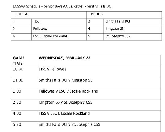 . <a href="/SFDCIRedHawks/">SFDCI Red Hawks</a> is hosting the "AA" Boys Basketball Championships this week featuring:
1: <a href="/tisspirates/">TIISS Pirates</a> 
2: <a href="/SFDCIRedHawks/">SFDCI Red Hawks</a> 
3: <a href="/FellowesHighSch/">Fellowes High School</a> 
4: <a href="/KSS_ldsb/">Kingston Secondary School</a> 
5: <a href="/sjcsspanthers/">St. Joseph's C.S.S.</a> 
6: <a href="/esclescale/">ESC L'Escale</a>