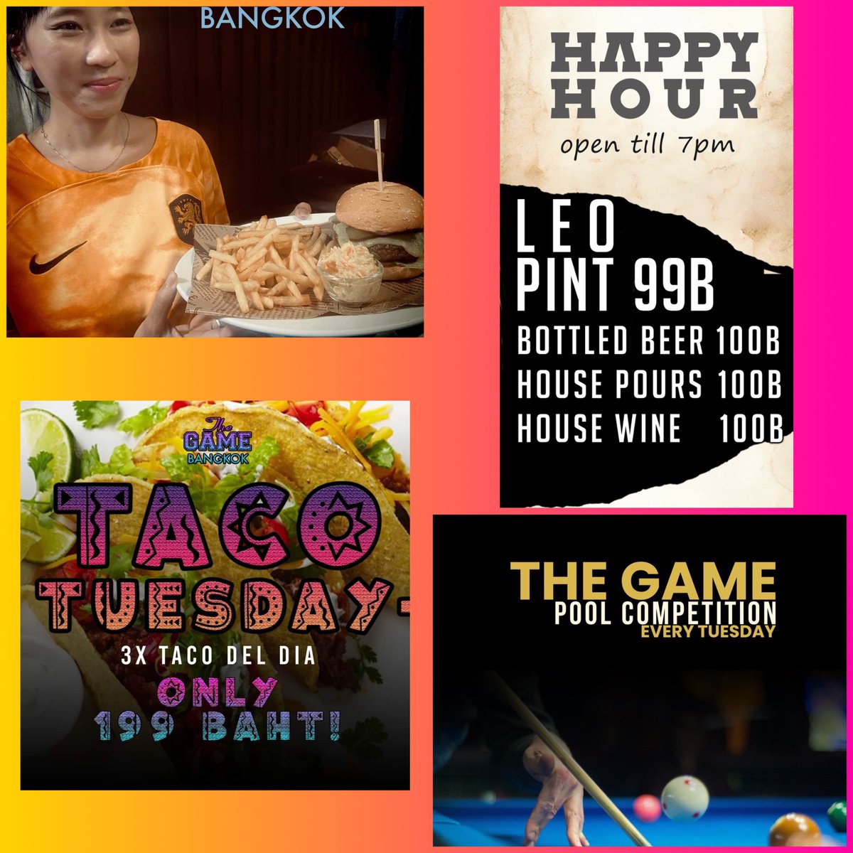 TheGame_BKK's tweet photo. ๐ฎ Taco Tuesday alert! ๐ฎ
Get 3 chef's tacos for just 199 baht at The Game Bangkok today. Happy Hour till 8pm with Leo pints for 99 baht. Plus, free pool competition at 8pm. Who's in?
#TheGameBangkok #TacoTuesday #HappyHour #PoolCompetition #BangkokNightlife https://t.co/Ux6ZYCahID