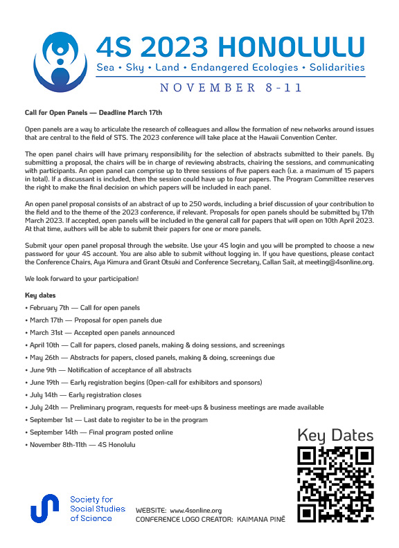 4sWeb's tweet photo. Call for open panels
Deadline: March 17th 2023  
#4sHonolulu23
https://t.co/La1VtHyHyR https://t.co/XlvlqiLizJ