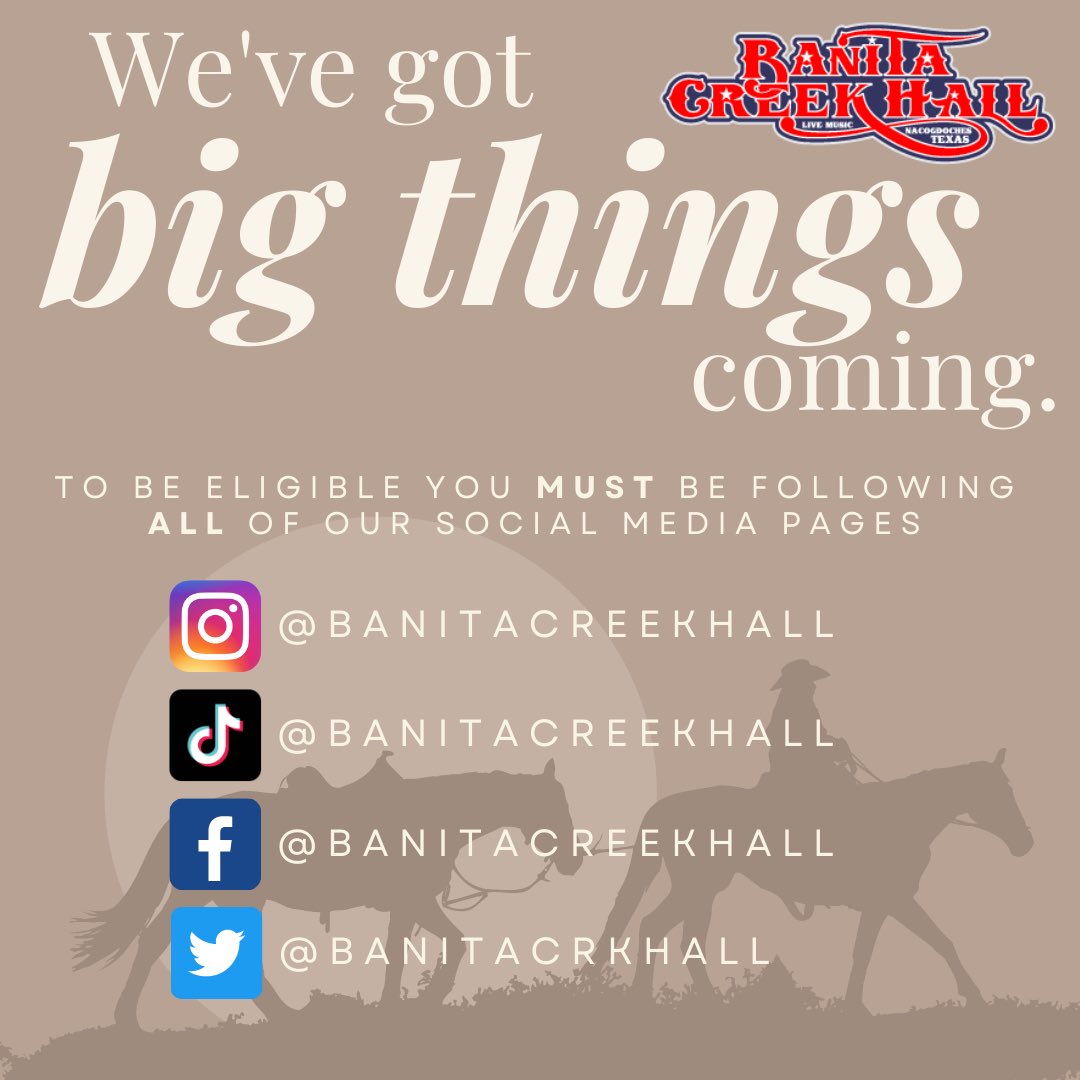 It’s almost rodeo time in Houston 🤠 and Banita Creek Hall wants to send you and a friend to see some awesome concerts‼️‼️‼️

Starting tomorrow morning at 10 AM 🕙 we will be doing 19 days of ✨ give-aways ✨ for each show across all of our social media platforms. Each contest