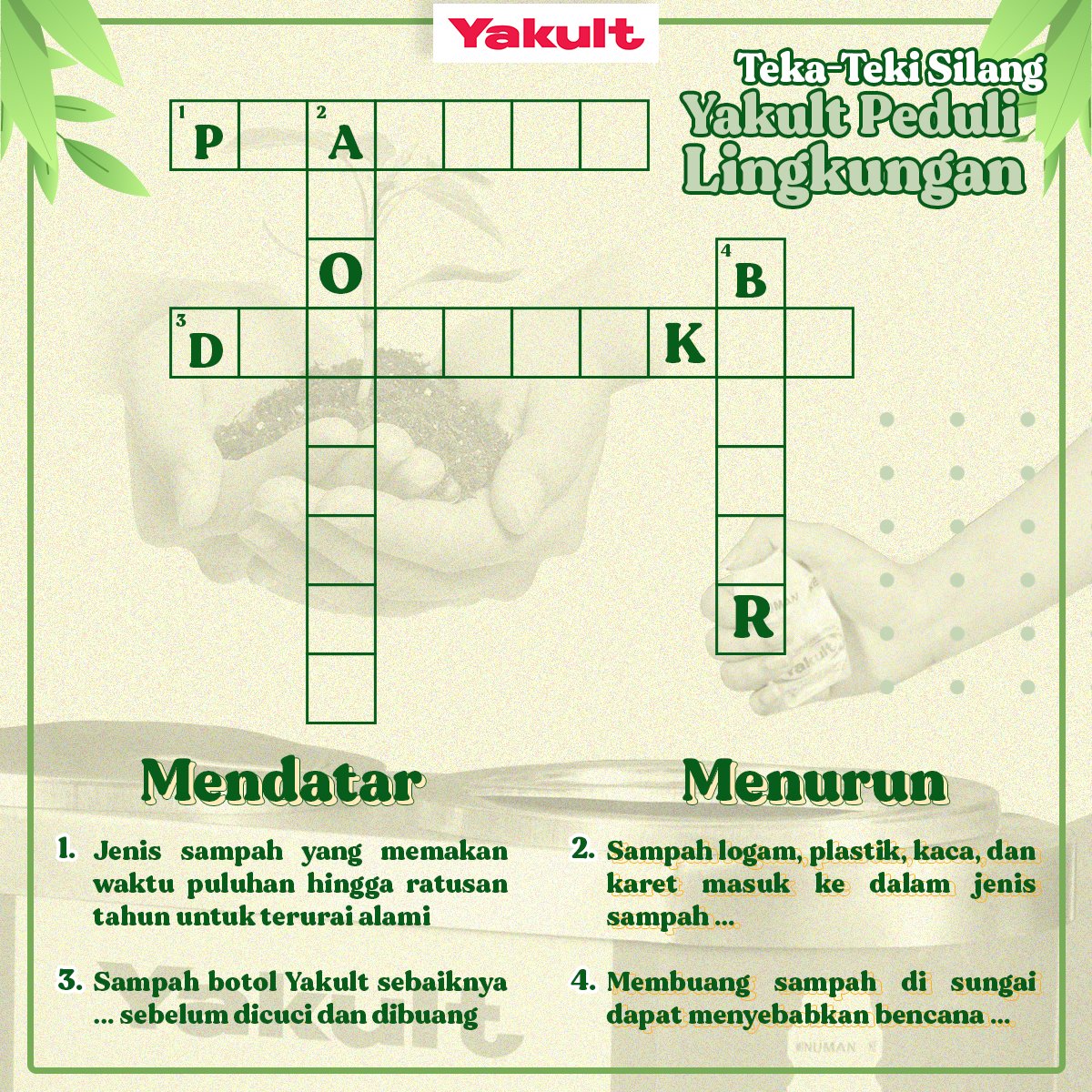 YakultIndonesia's tweet photo. Daripada bosen, mending ikutan #ChallengeYakult lagi yuk! Apakah Yakult Family bisa menebak semua jawabannya? Share jawabannya melalui reply ya! ♻️

#YakultIndonesia #YakultPeduliLingkungan https://t.co/cdRrmPvBcq