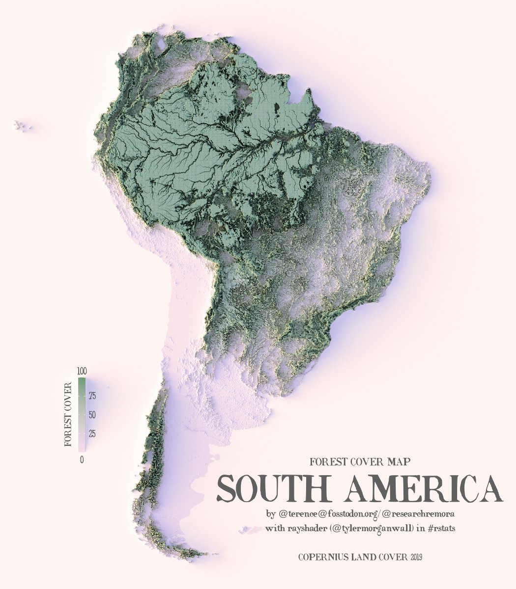 researchremora's tweet photo. A forest cover map of South America using data from 2019.

#rayshader adventures, an #rstats tale https://t.co/mwt9pXBnKI