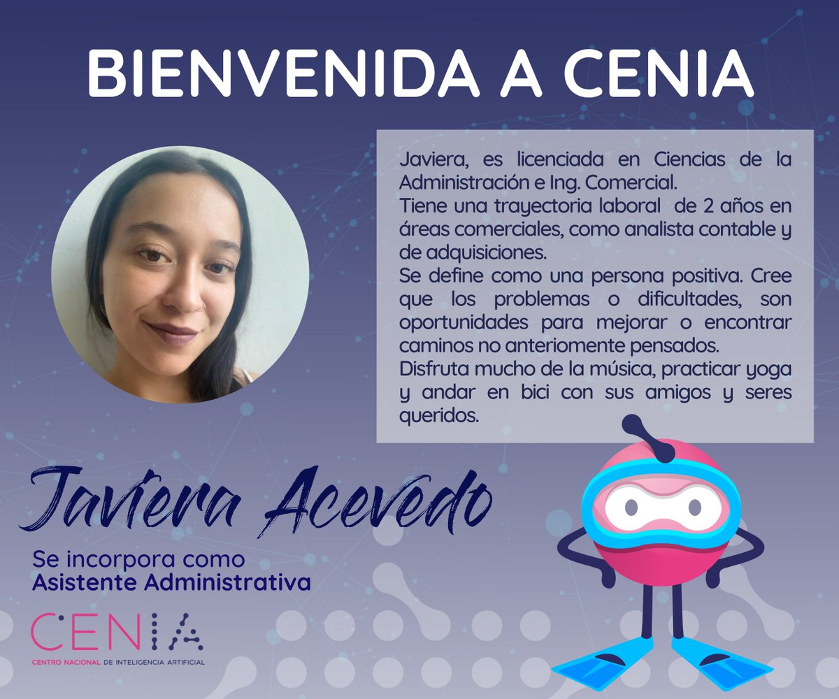 cen_ia's tweet photo. ¡Bienvenida a Cenia, Javiera! 🥰Javiera Acevedo es ingeniera comercial con experiencia como analista contable y de adquisiciones. Le gusta la música, el yoga y salir en bicicleta 🚲 Se incorpora a Cenia, a nuestro equipo de operaciones, como asistente administrativa. https://t.co/EyBa0KdWfc