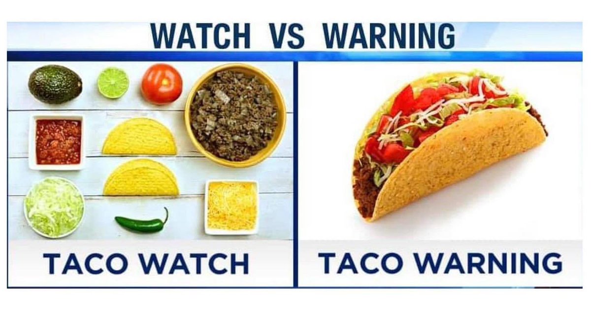 YavapaiOEM's tweet photo. A reminder of what a Watch versus a Warning means. Taco edition. Right now, our Tacos are not assembled, yet.
#AzWx #YavapaiCounty #YavapaiWx https://t.co/Fjy05WzPkT