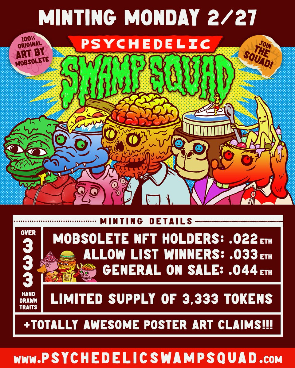 MINTING MONDAY 2/27!!! Psychedelic Swamp Squad by <a href="/mobsolete/">mobsolete</a> 💀❤️☮️🙂🕸️🕷️Follow the squad at <a href="/PsychSwampSquad/">Psychedelic Swamp Squad</a> for all the latest info! And to learn more about the project read below ⬇️🧵