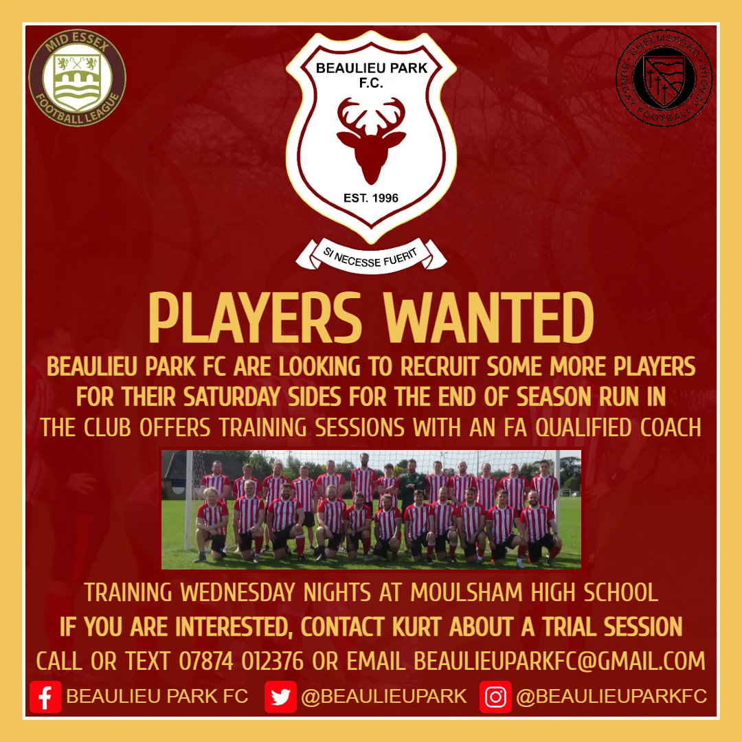 Are you in and around #Chelmsford and looking for a new club to join?

Beaulieu Park FC are looking for new players to join our growing club!

Drop us a DM if this interests you!

#Squadbooster #playerfinder #BeaulieuPark #Essex #Chelmsford #grassrootsfootball