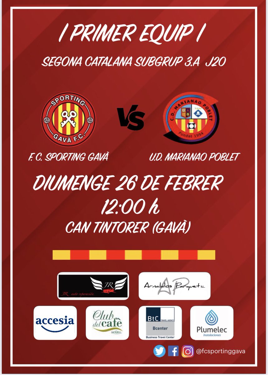 |𝗣𝗥𝗜𝗠𝗘𝗥 𝗘𝗤𝗨𝗜𝗣|

📆 𝗗𝗶𝘂𝗺𝗲𝗻𝗴𝗲 𝟮𝟲 𝗱𝗲 𝗳𝗲𝗯𝗿𝗲𝗿
🏆 #2cat3A J2️⃣0️⃣
🆚 <a href="/MarianaoPoblet/">CD Marianao Poblet</a> 
🕓 𝟭𝟮:𝟬𝟬𝗵
🏟️ Can Tintorer (Gavà)

#SomFamíliaSporting❤️🤍