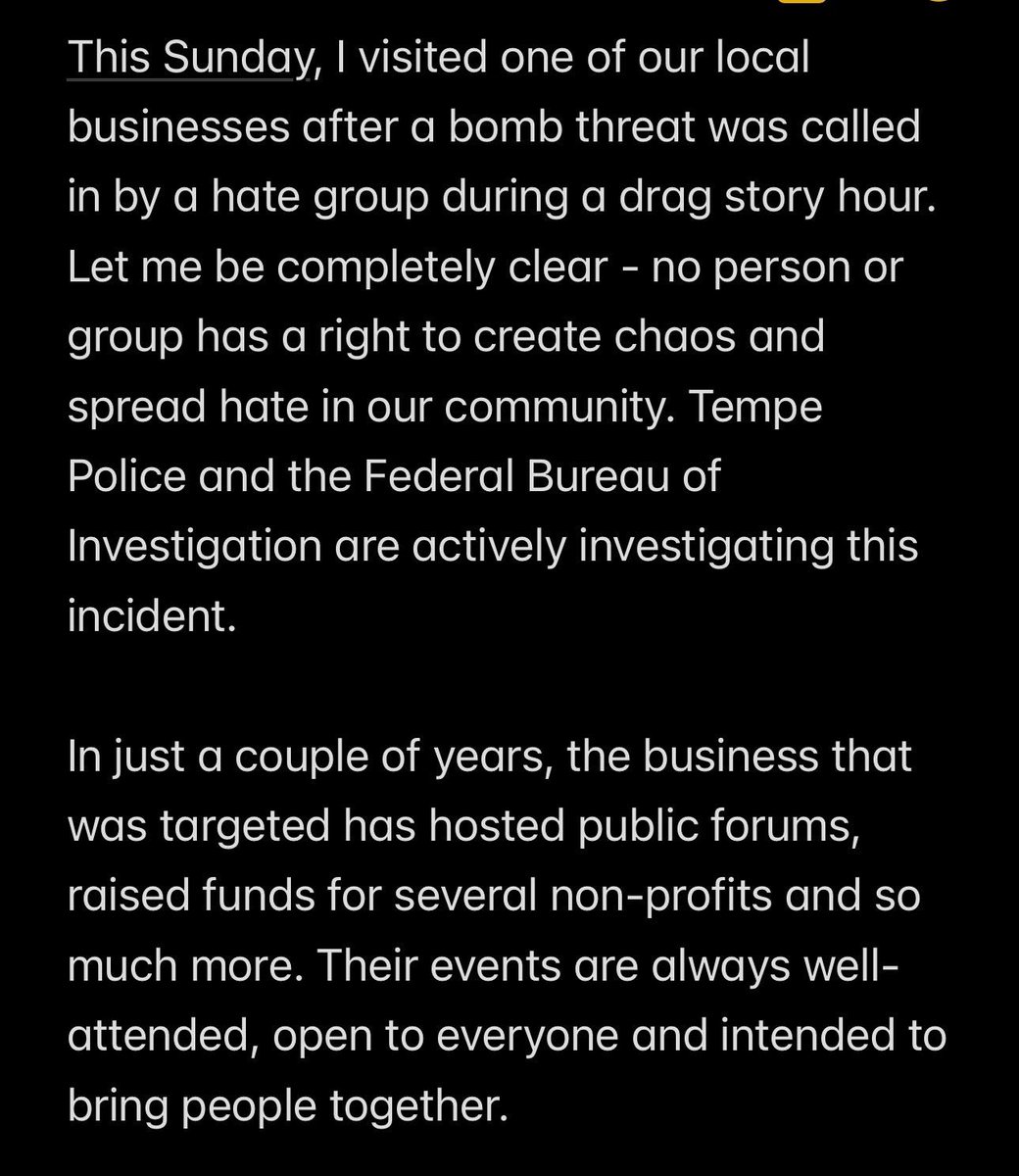 mayorcoreywoods's tweet photo. My statement on a bomb threat directed at a local Tempe business this weekend (1/2) https://t.co/K2tRg6bW3S