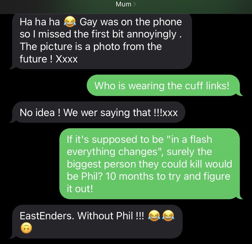 _joshce's tweet photo. My mum does not buy into the theory that the body is Phil #EastEnders 🙃 https://t.co/JTU0oWkGcn