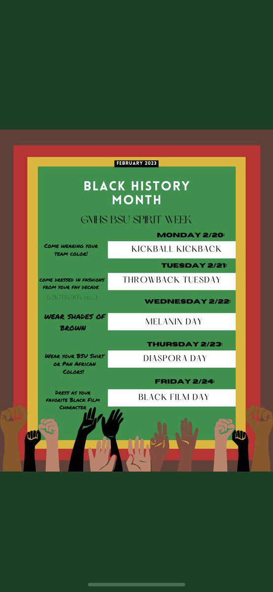 Garner_HS's tweet photo. Our BSU Squad hosted a Kickball Kickback today at school to start Black History Month Spirit Week at Garner Magnet! Swipe to see how you can celebrate with us this week! 💙💛 https://t.co/gZoV4HFEeh