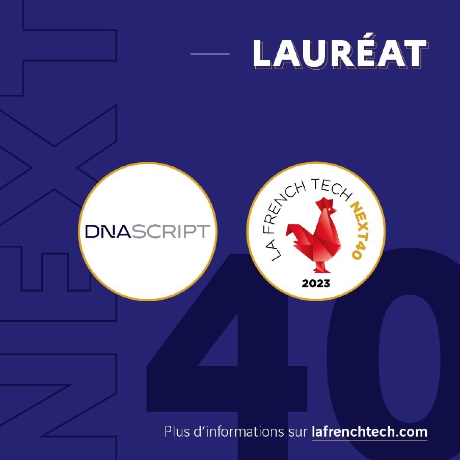 Delighted to be acknowledged by <a href="/FrenchTechSF/">La French Tech SF</a> for the 3rd year, as 1 of 40 most successful start-ups spearheading the French economy. This year we were asked to commitment to climate leadership, parity in the workplace, and inclusion bit.ly/DNAScript40 #DNA #Genomics