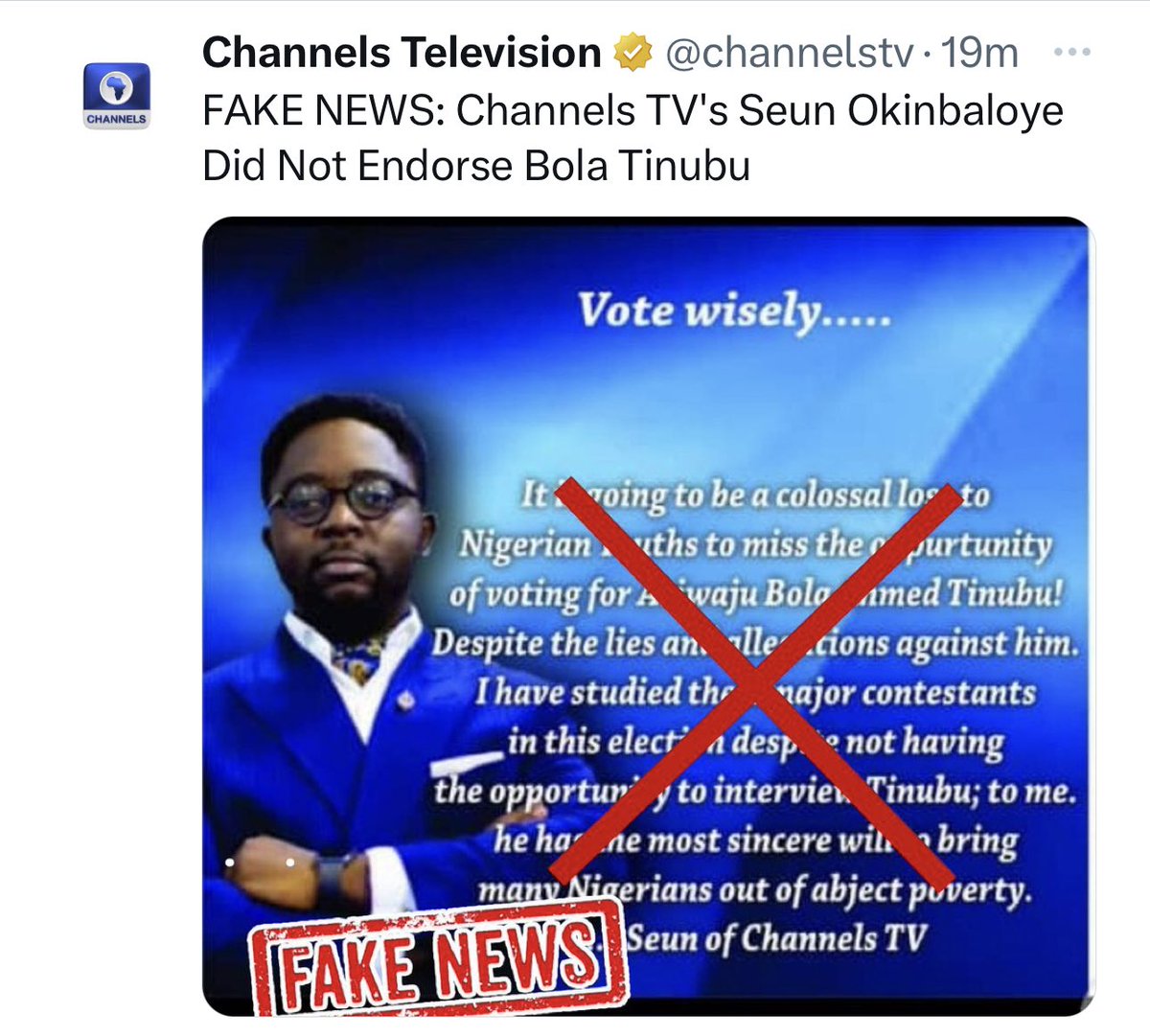 seunokin's tweet photo. Please disregard the fake news that has been flying around. As a journalist, I have not and will never endorse any candidate. God bless Nigeria https://t.co/JP8P6Eumrz